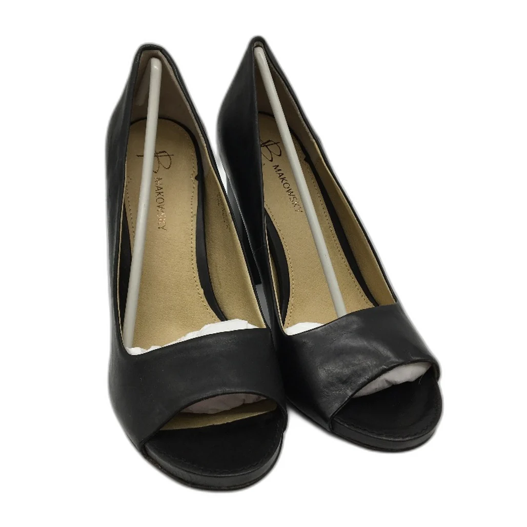 B.Makowsky Black Leather Open Toed Heels Ladies Small Fit Size 10M NEW - Image 2