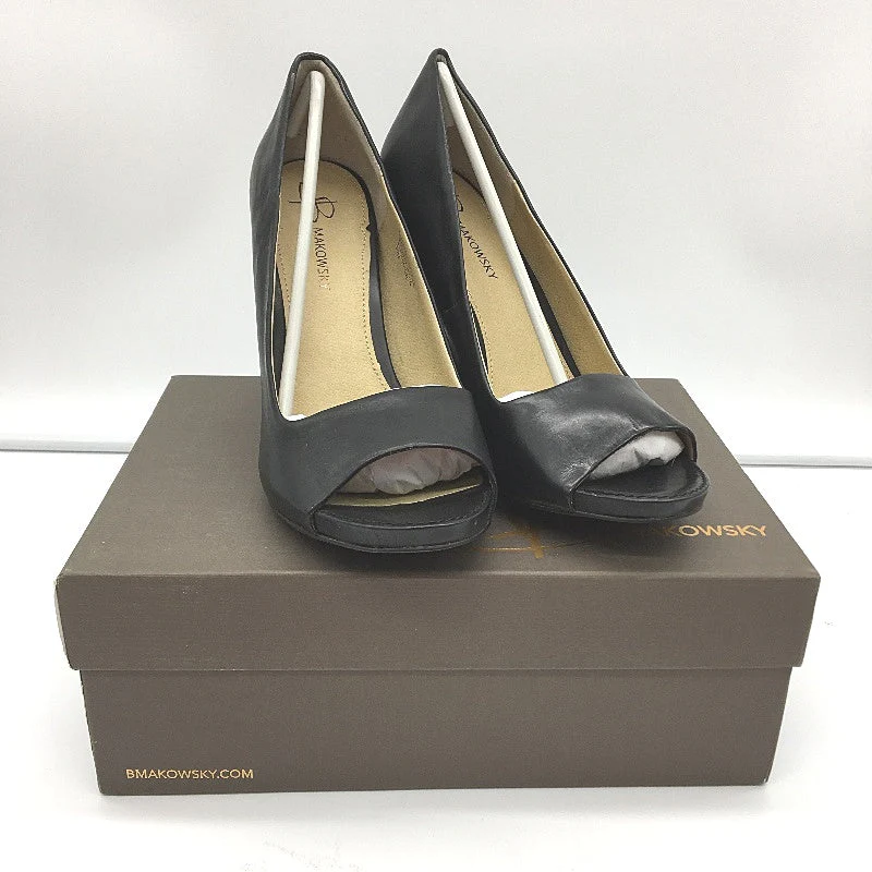 B.Makowsky Black Leather Open Toed Heels Ladies Small Fit Size 10M NEW - Image 3