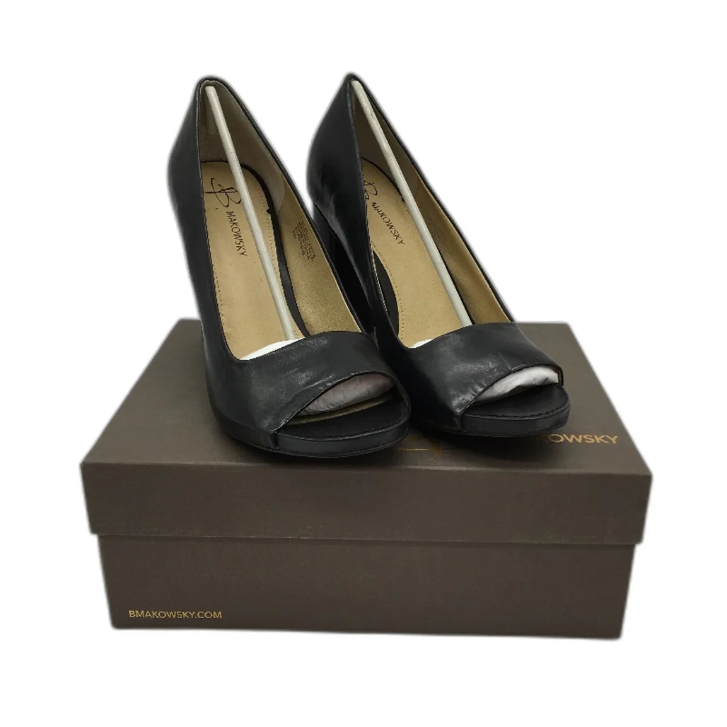 B.Makowsky Black Leather Open Toed Heels Ladies Small Fit Size 11M NEW - Image 2