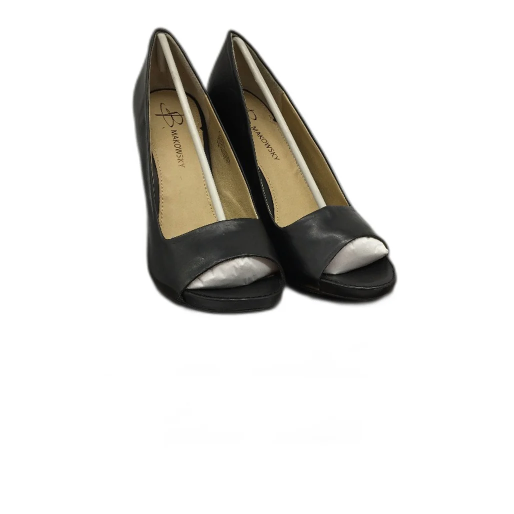 B.Makowsky Black Leather Open Toed Heels Ladies Small Fit Size 8.5M NEW - Image 2