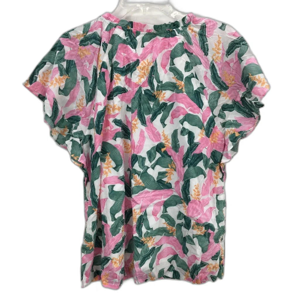 Jeanswest White Fauna Pink Floral Tie Neck Short Sleeve Top Ladies Size 10 NEW - Image 2