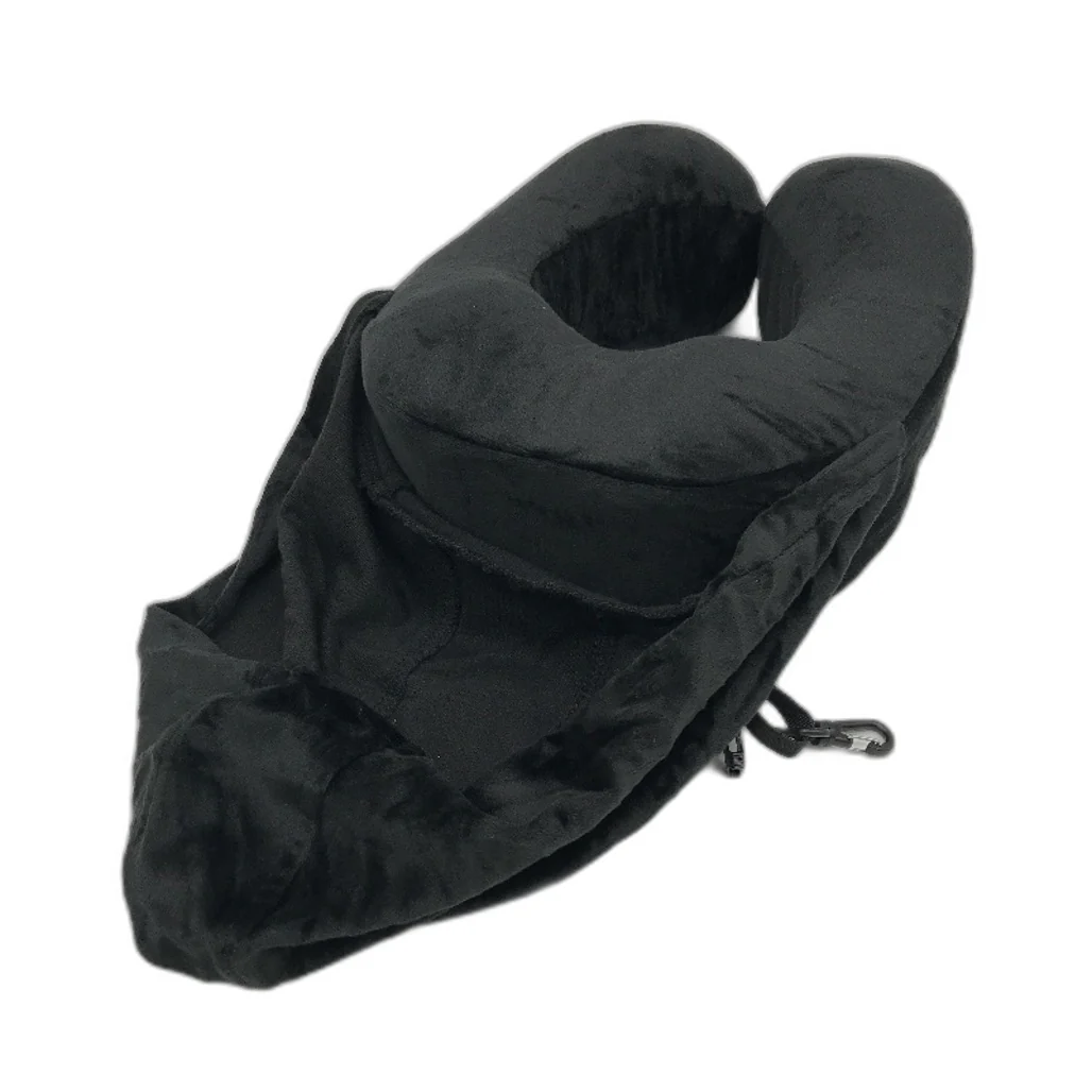 FLYWISH Soft Velvet Black Travel Pillow with Hood incl Ear Plugs Size Medium NEW - Image 3
