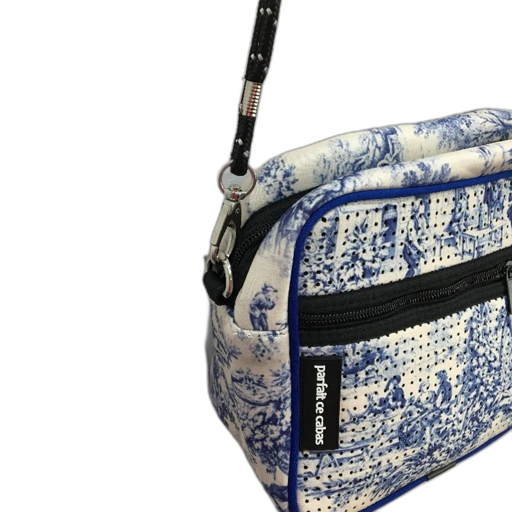 Parfait Ce Cabas Neoprene Blue Vintage Print Multi-use Zip Up Shoulder Bag NEW - Image 5