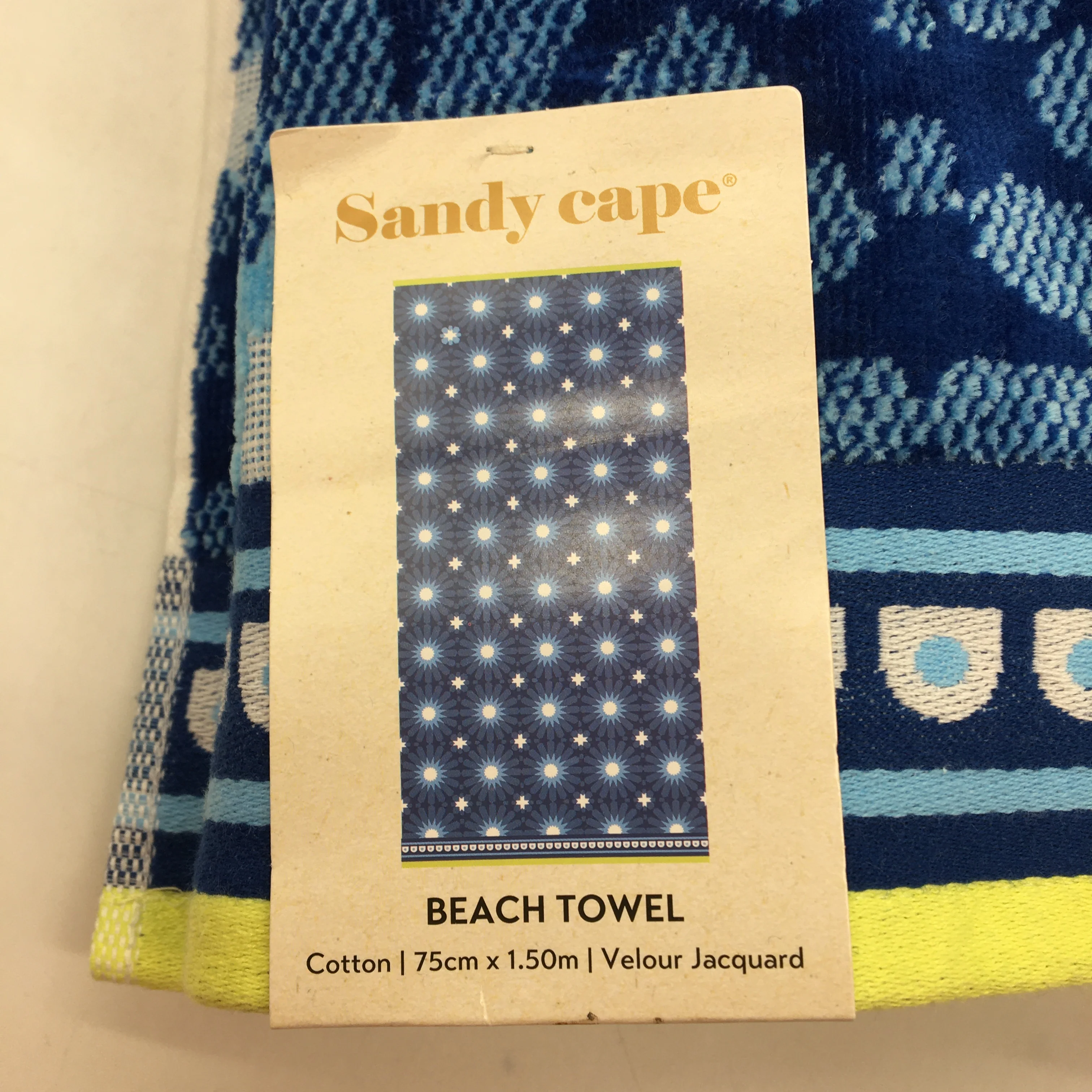 Sandy Cape 2pc Blue Neon Yellow Velour Jacquard Pattern Cotton Beach Towels NEW - Image 6
