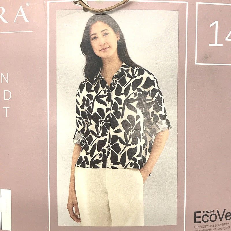Serra Linen Blend Black Cream Floral Pattern Cuff Sleeve Shirt Ladies NEW - Image 3