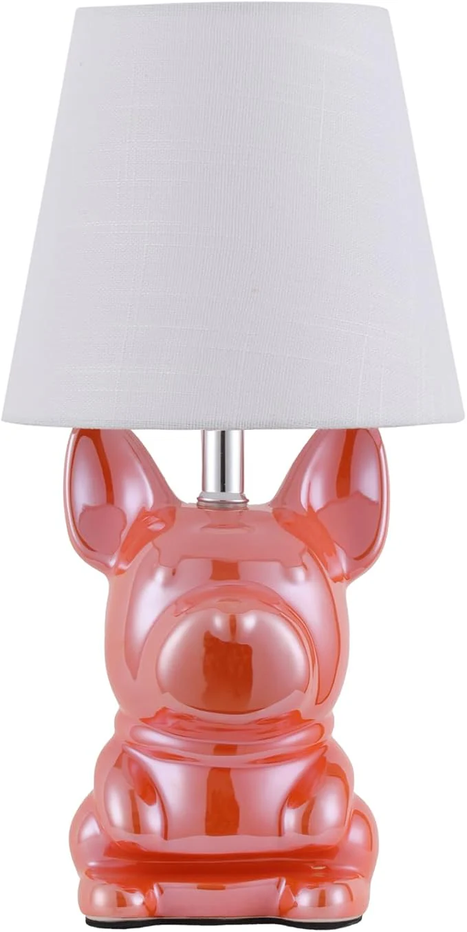 EOEYYOYB Single Glazed Ceramic Bulldog Linen Shade Table Lamp in Pink NEW
