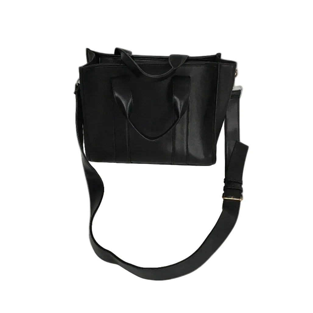 Black Leather Look Work Tote Style Hand Bag With Handles & Shoulder Strap NEW