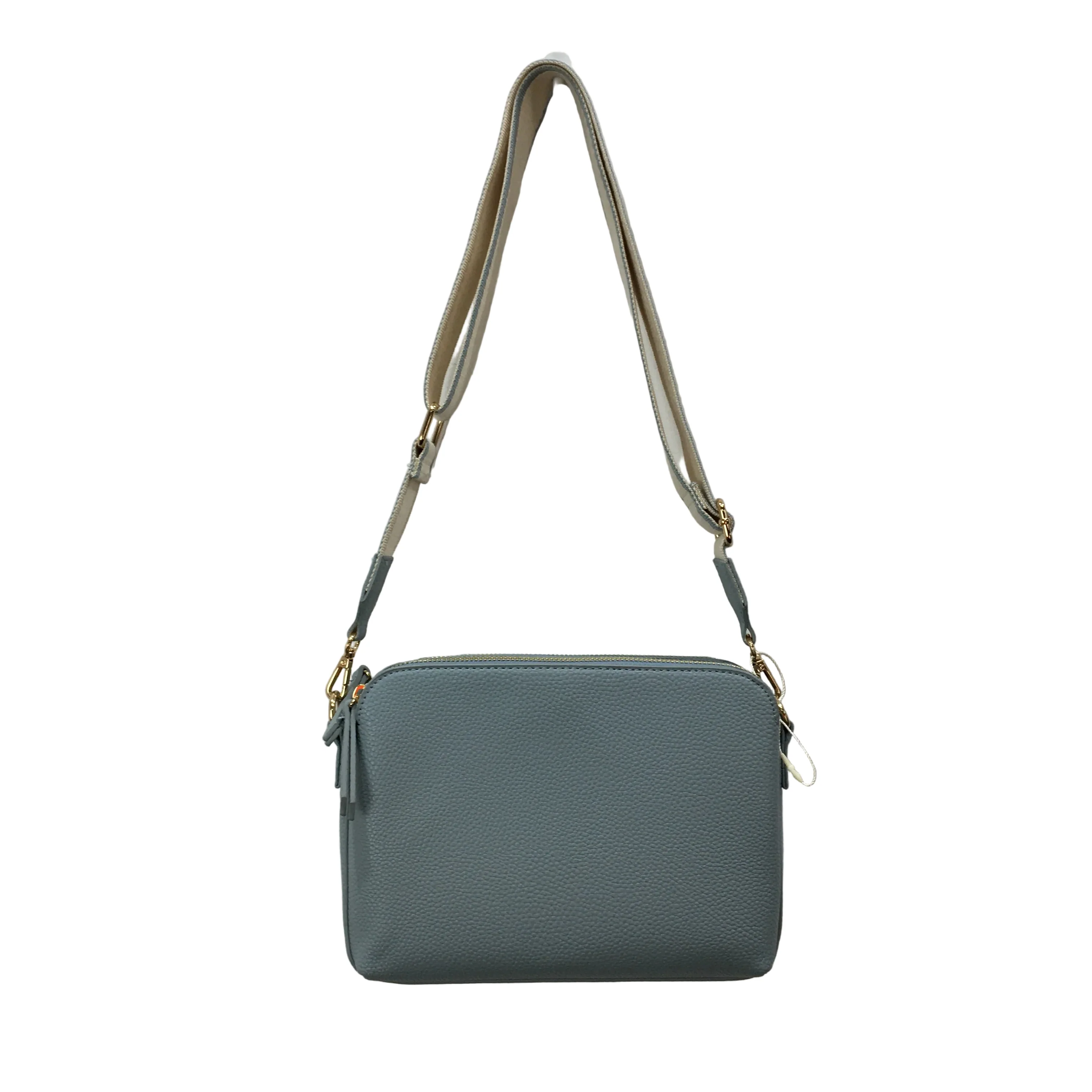 Light Blue Leather Look Double Pocket Crosbody Bag With Cloth Shoulder Strap NEW