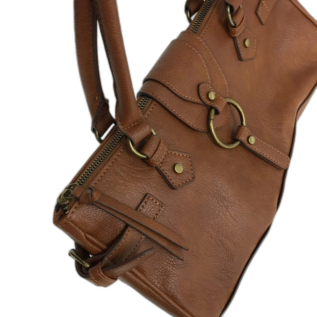 Brown Leather Look Brass Accented Zip Up Everyday Hand Bag With Handles NEW - Image 3