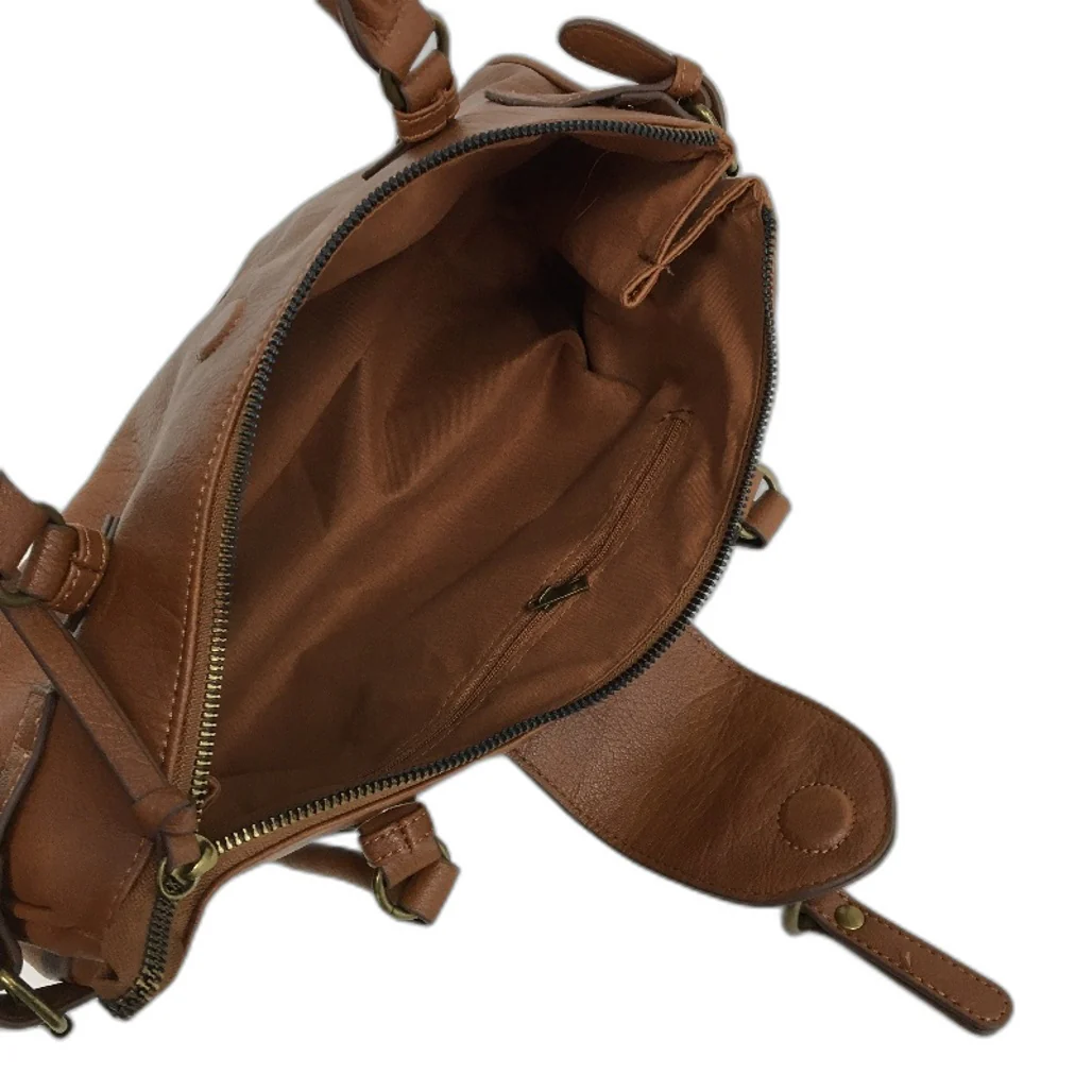 Brown Leather Look Brass Accented Zip Up Everyday Hand Bag With Handles NEW - Image 4