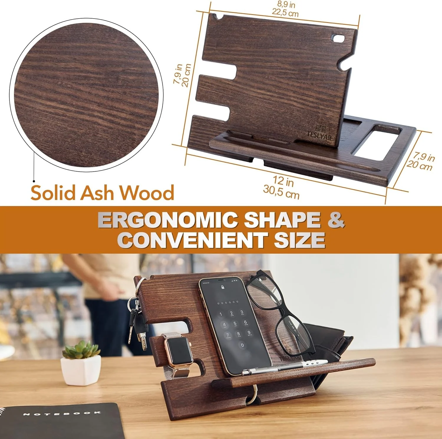 Teslyar PRVAR Wood Phone Docking Station and Accessories Holder Stand NEW - Image 5