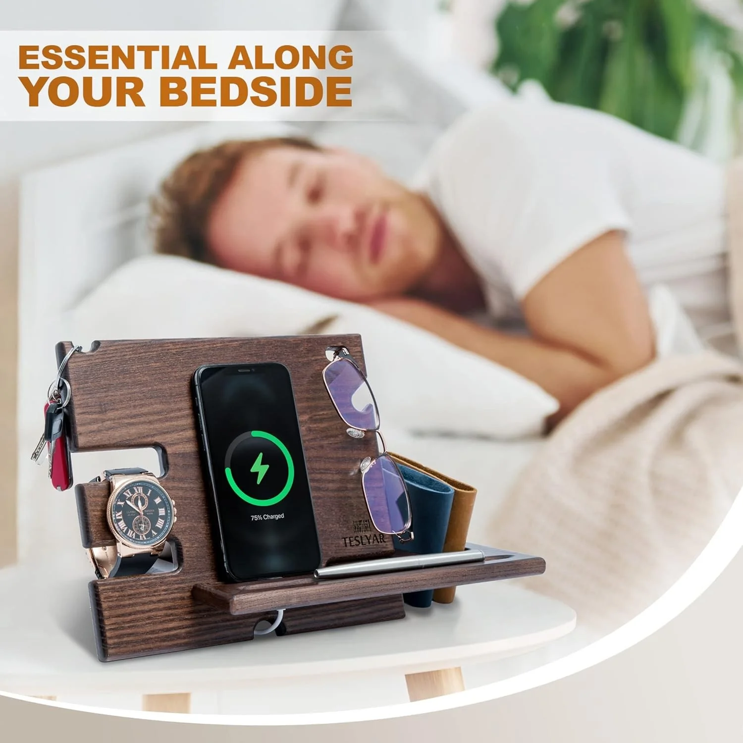 Teslyar PRVAR Wood Phone Docking Station and Accessories Holder Stand NEW - Image 7