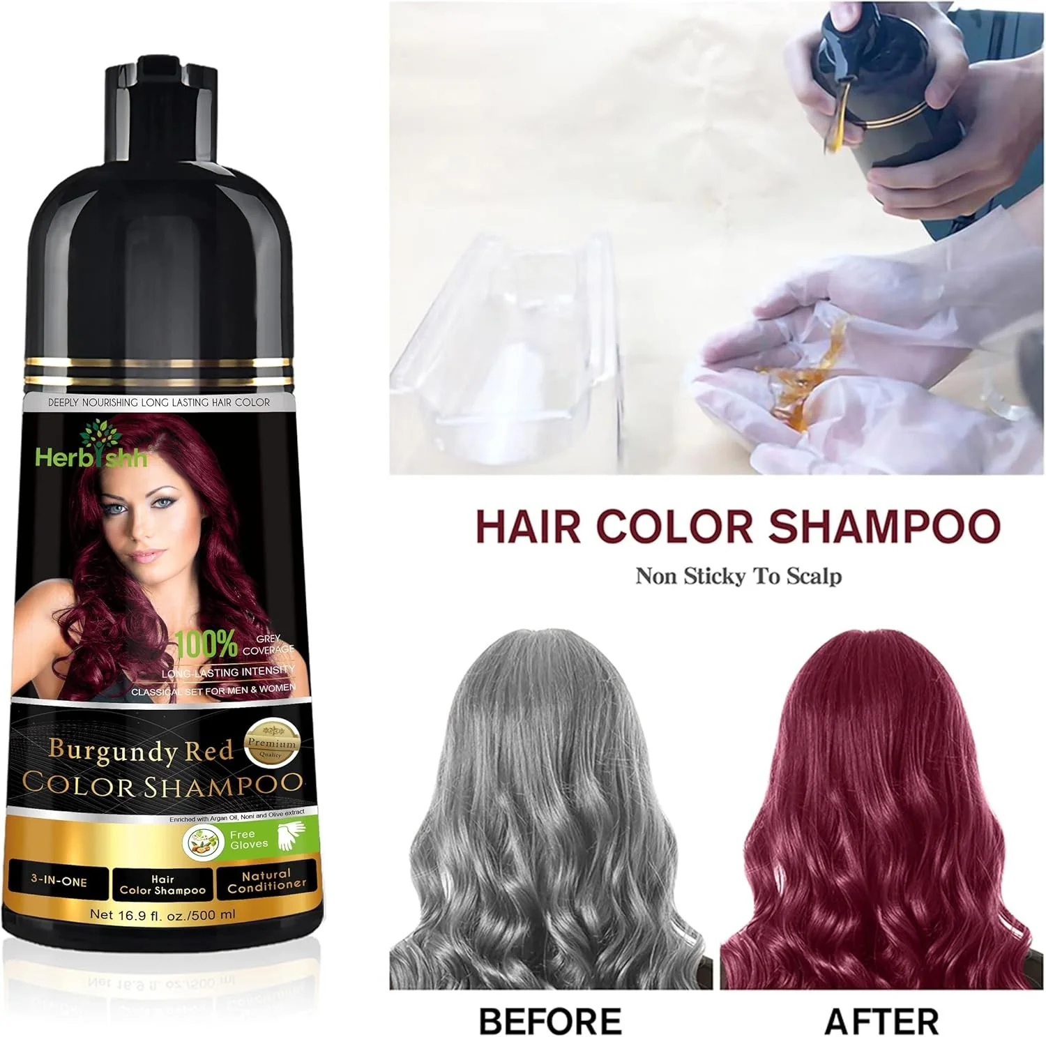 Herbishh 500ml 3 in 1 Burgundy Red Ammonia Free Hair Dye Shampoo NEW - Image 2