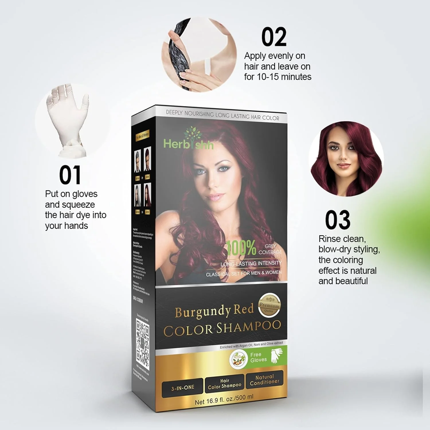 Herbishh 500ml 3 in 1 Burgundy Red Ammonia Free Hair Dye Shampoo NEW - Image 5