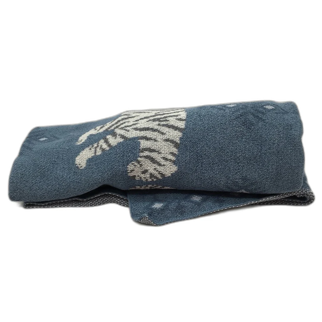 Kirkton House Tiger Design Blue Cotton Jacquard Knitted Throw Blanket NEW - Image 3