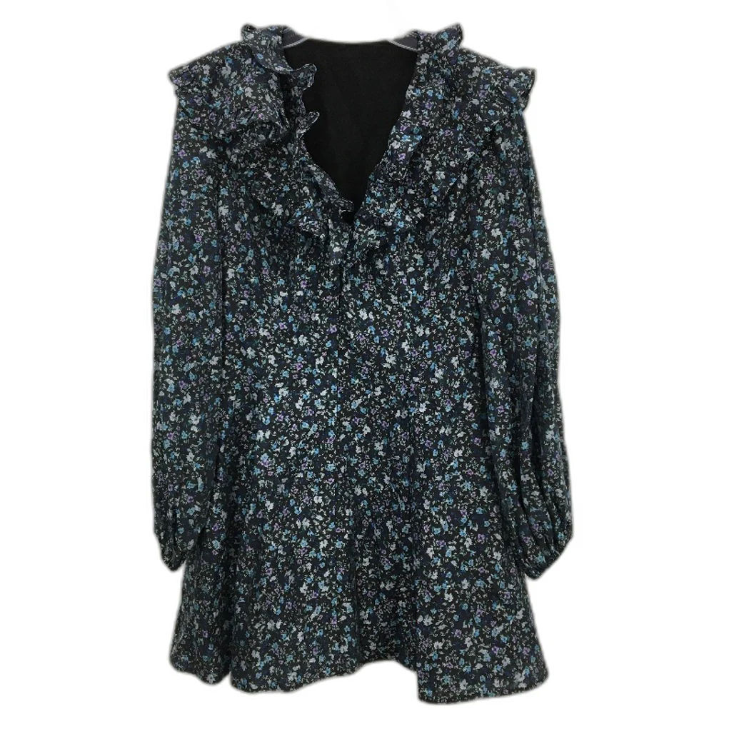 Black Floral Patterned Sheer Long Sleeve Ruffle Collar Mini Dress Ladies Size M