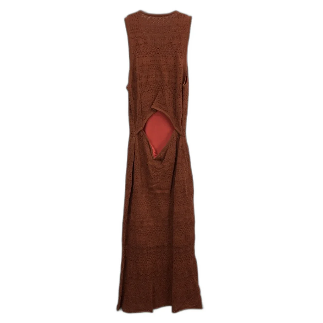 Brown Knit Open-Back Patterned Midi Tank Dress Beach Casual Ladies Size Small - Image 2