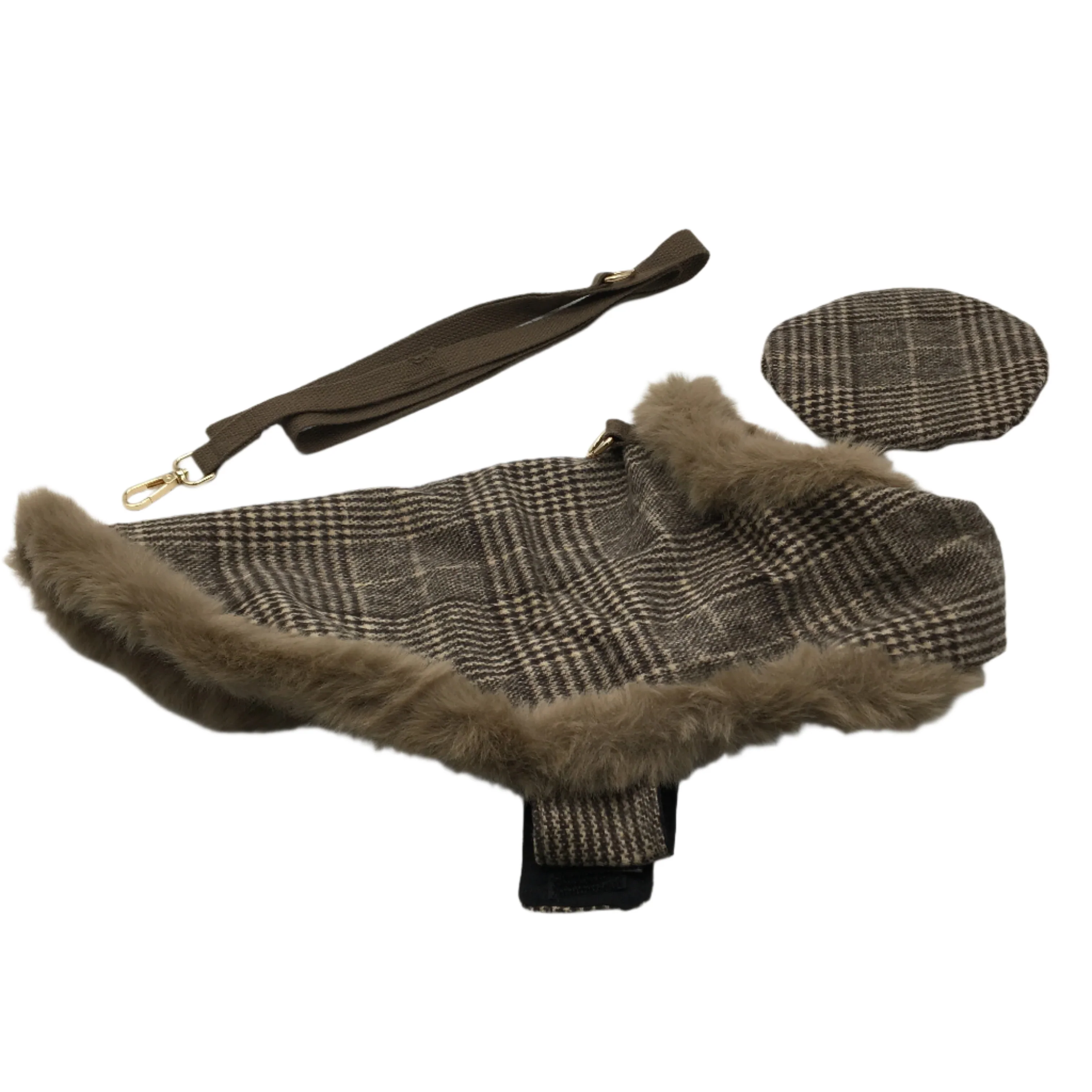 Milo & Mink Brown Plaid Faux Fur Trim Dog Coat Harness With Hat & Leash Size S