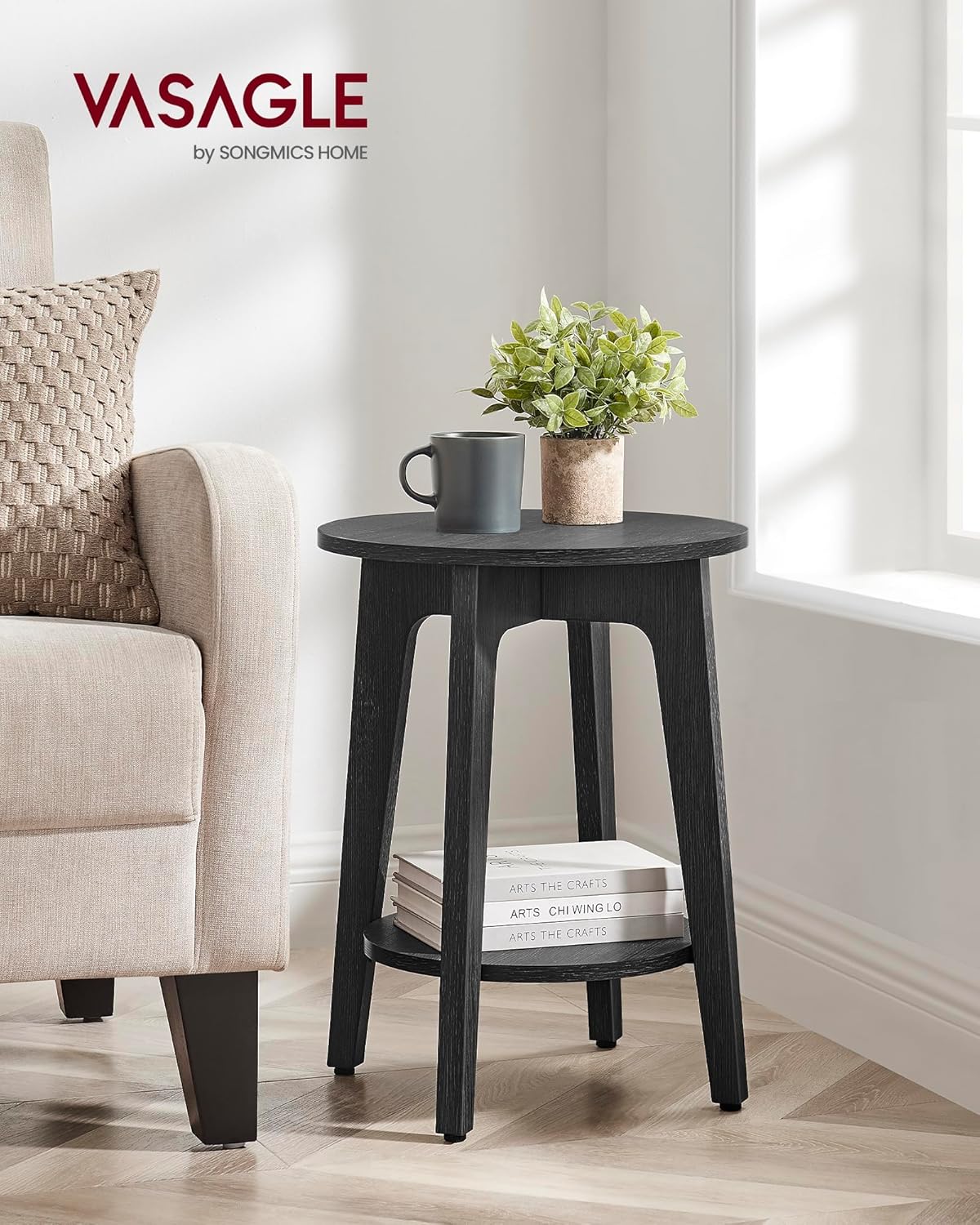 VASAGLE 2-Tier Round Bedside Table Nightstand, Charcoal Gray, Sturdy Metal DEMO - Image 2