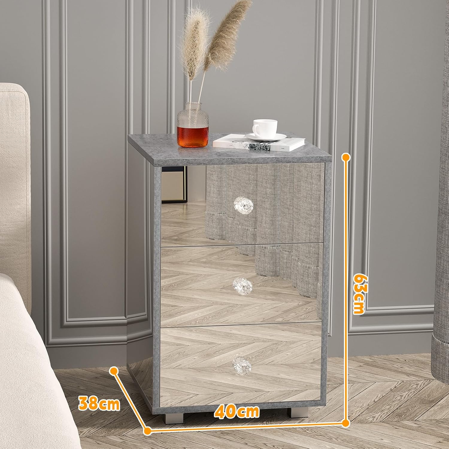 Ufurniture 3 Drawer Mirrored Bedside Table Nightstand Transparent Side Size NEW - Image 2