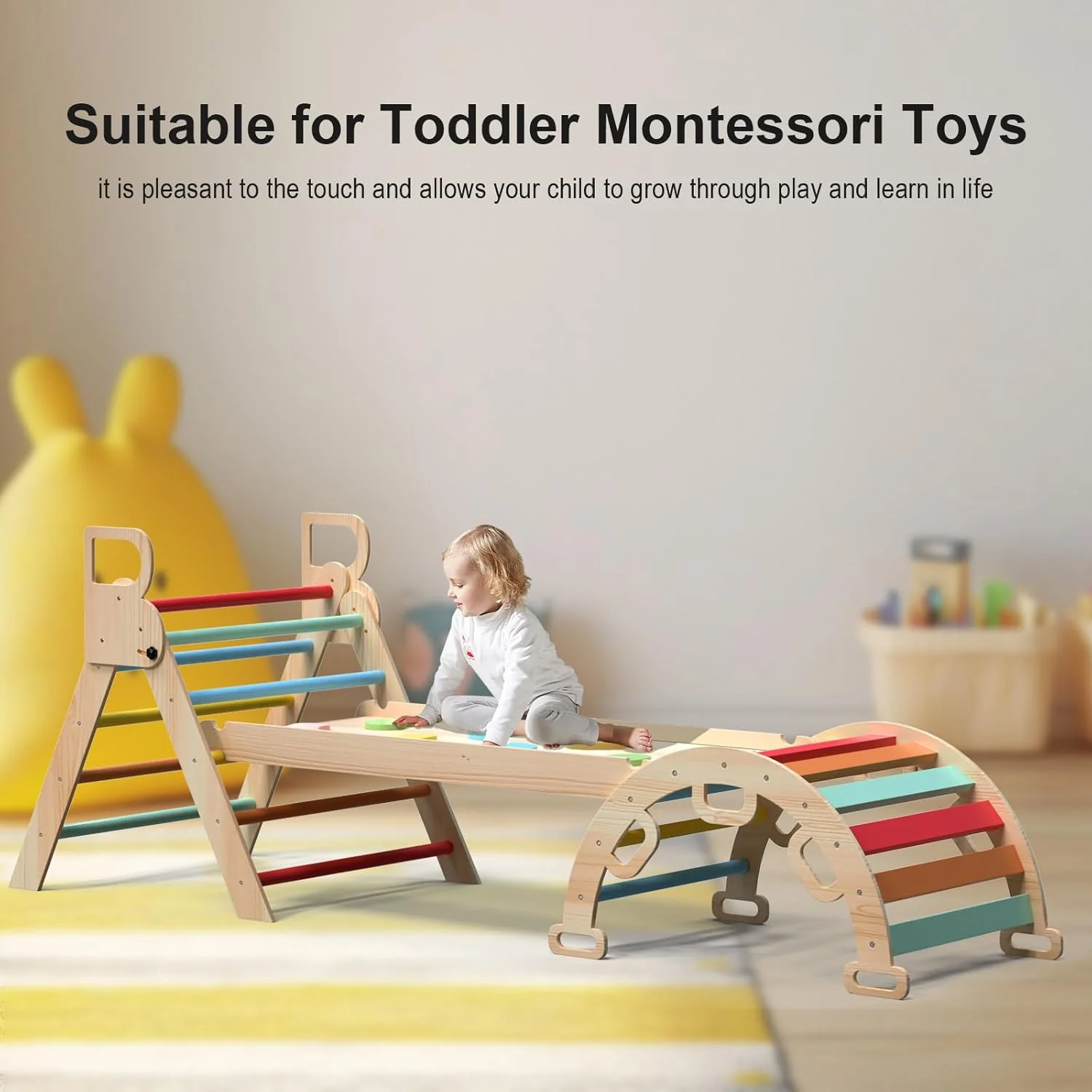 TangFee Multicolor Foldable Wooden Pikler Triangle Climbing Toy Approx. 3' NEW - Image 2