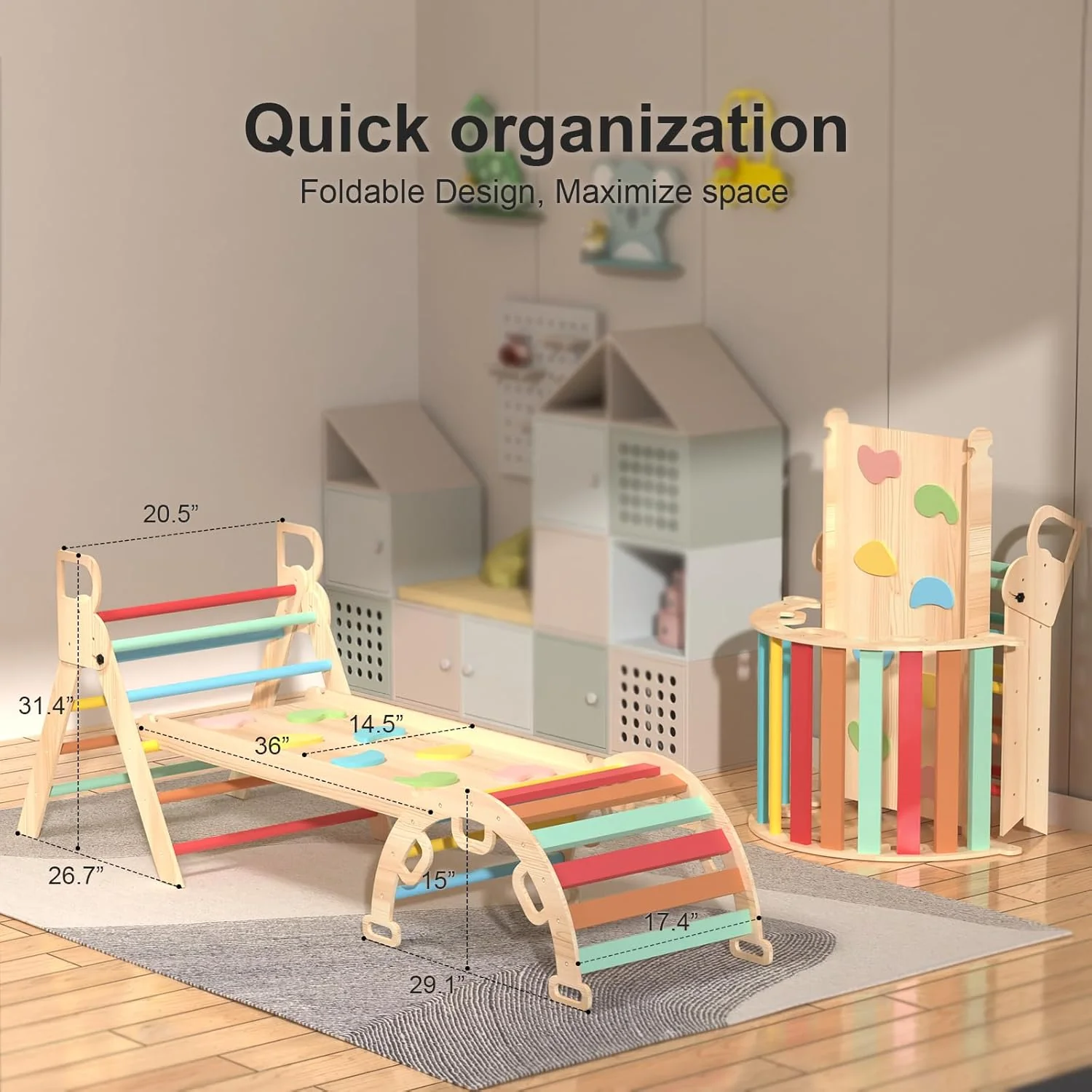 TangFee Multicolor Foldable Wooden Pikler Triangle Climbing Toy Approx. 3' NEW - Image 6