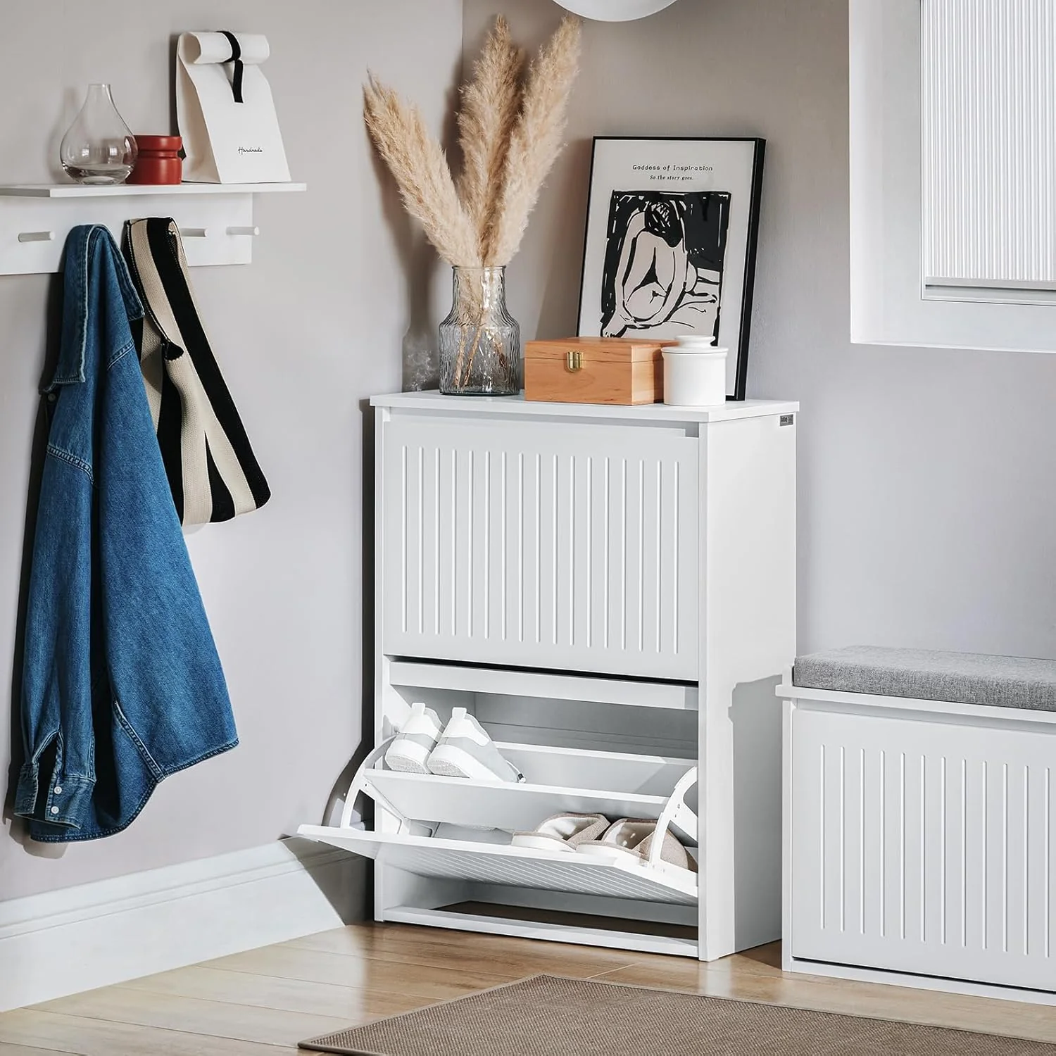 SoBuy White Free Standing Shoe Rack Cabinet with 2 Flip-Drawers, Shelves NEW - Image 2