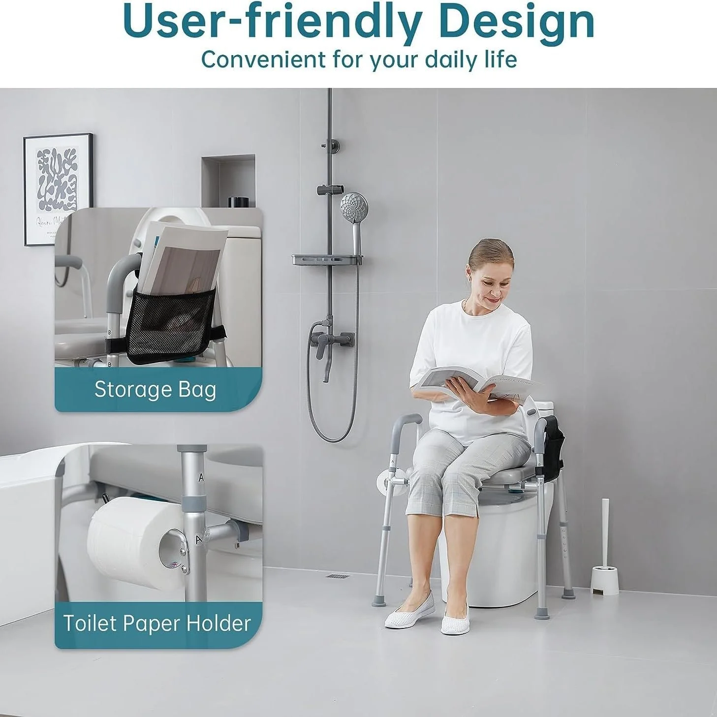 RYUUSEI Adjustable Raised Toilet Seat with Handles, Silver Bathroom Safety DEMO - Image 6