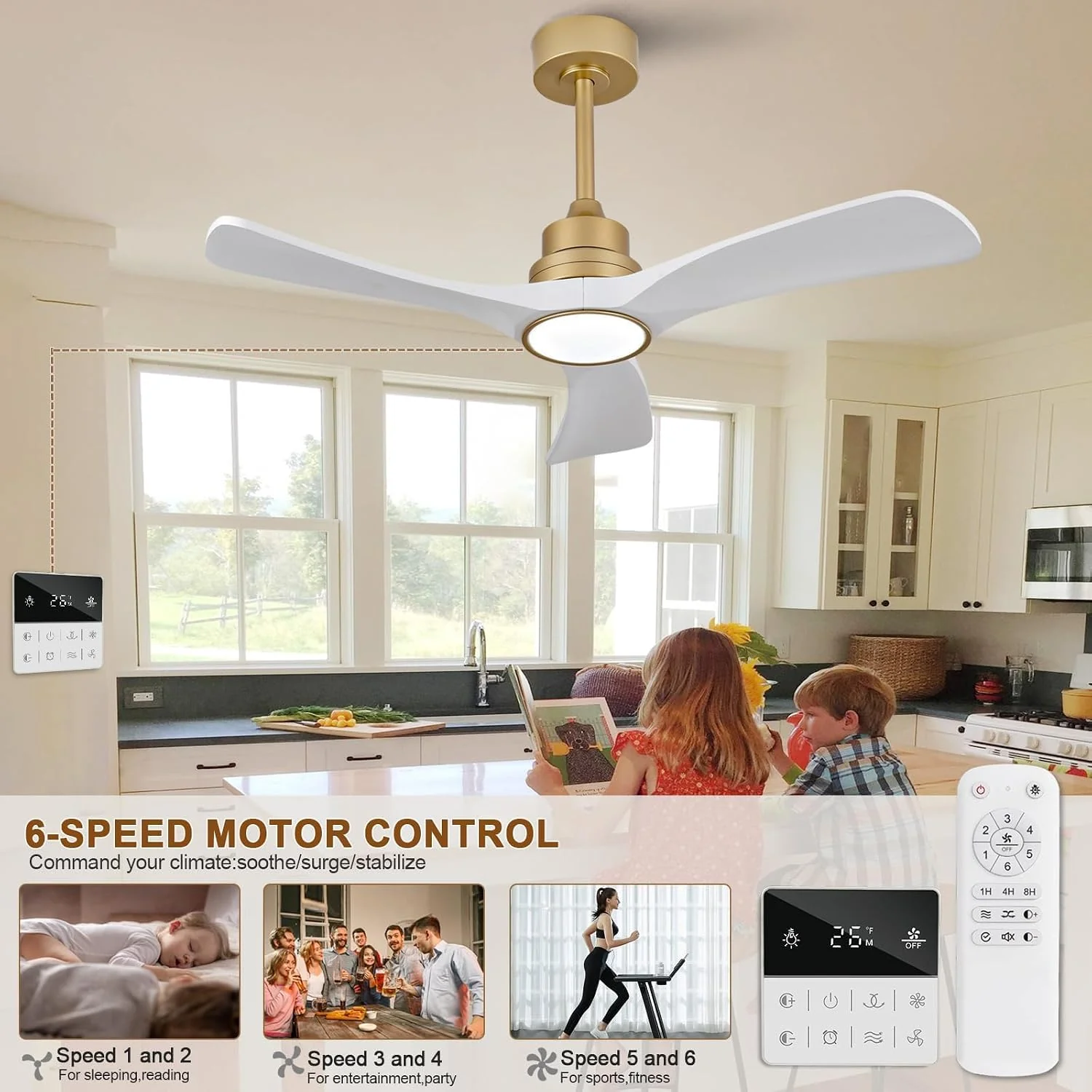 OMYU 42-Inch Ceiling Fan with Light, Gold White Downrod Mount, for Homes NEW - Image 7