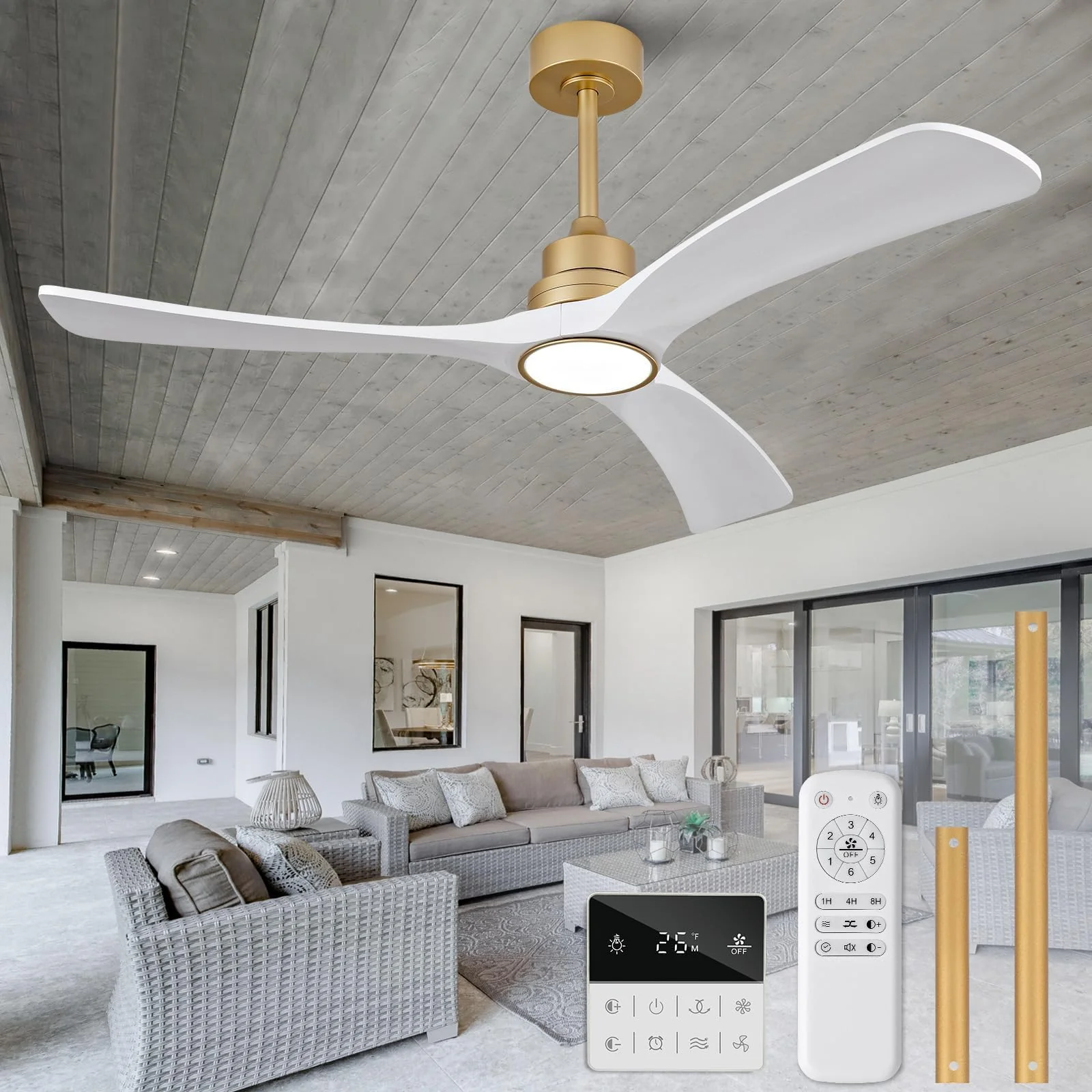 OMYU 52 Inch Ceiling Fan with Light Kit - Gold White Downrod Mount for DEMO