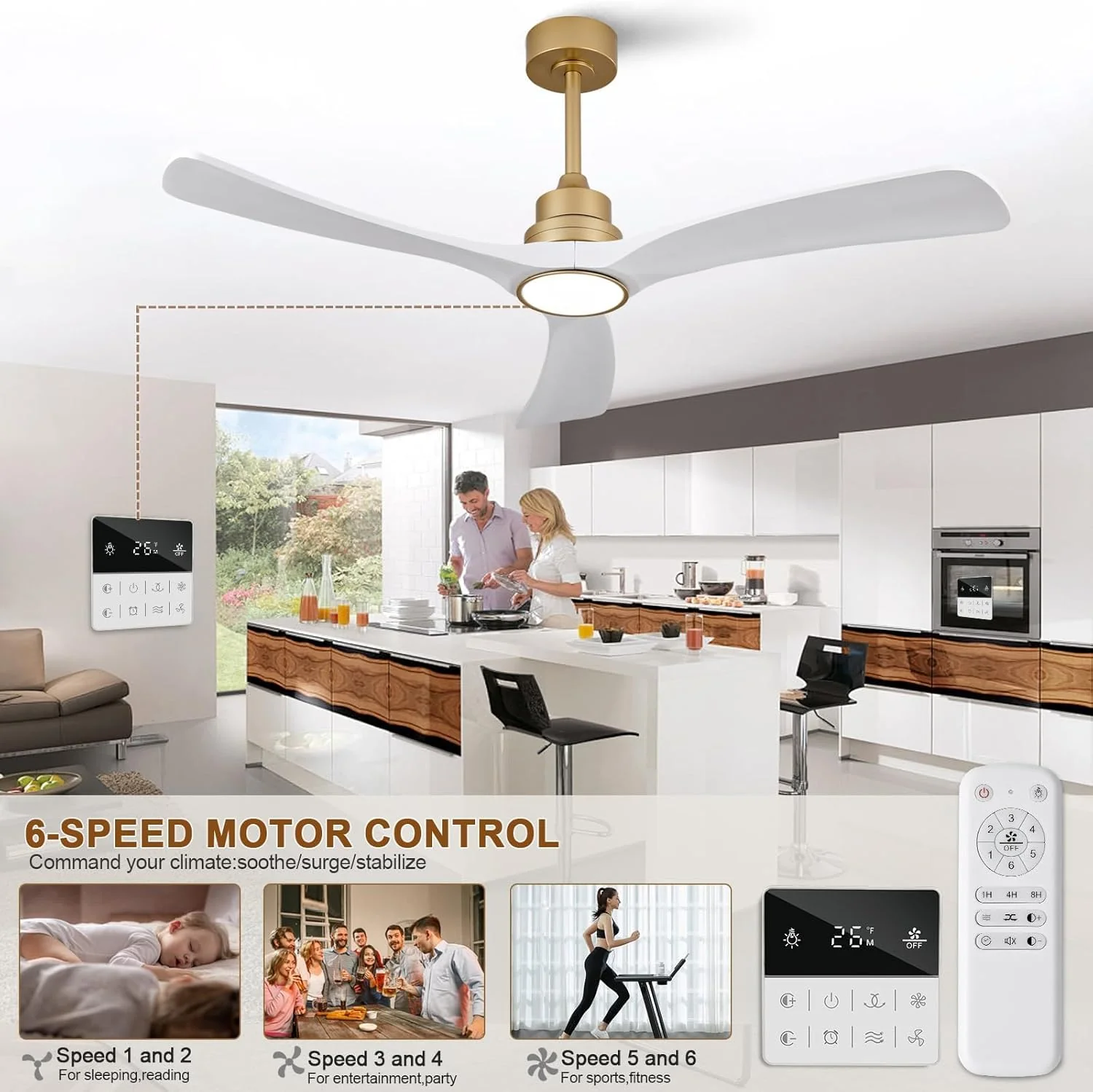 OMYU 52 Inch Ceiling Fan with Light Kit - Gold White Downrod Mount for DEMO - Image 8