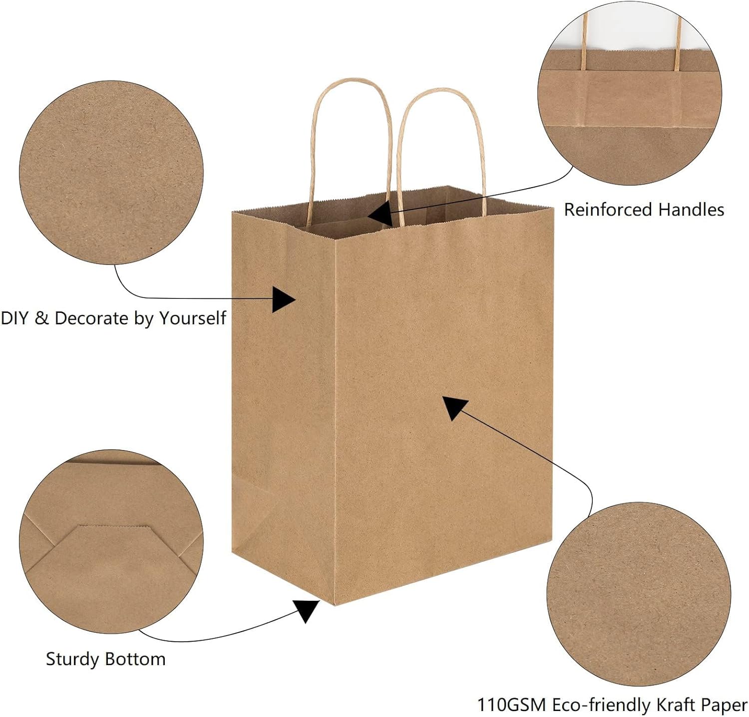 Toovip 100-Count Brown Paper Gift Bags, 21x11x27cm, Reusable Kraft Bags NEW - Image 3