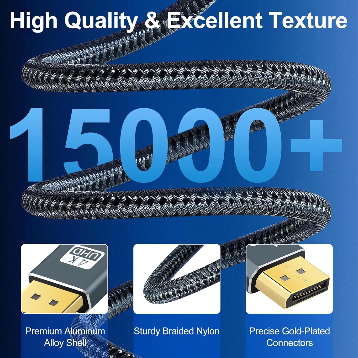 Thzzhnno 4K Cables DisplayPort Cable 30ft Nylon Braided 1.2 Black DEMO - Image 4