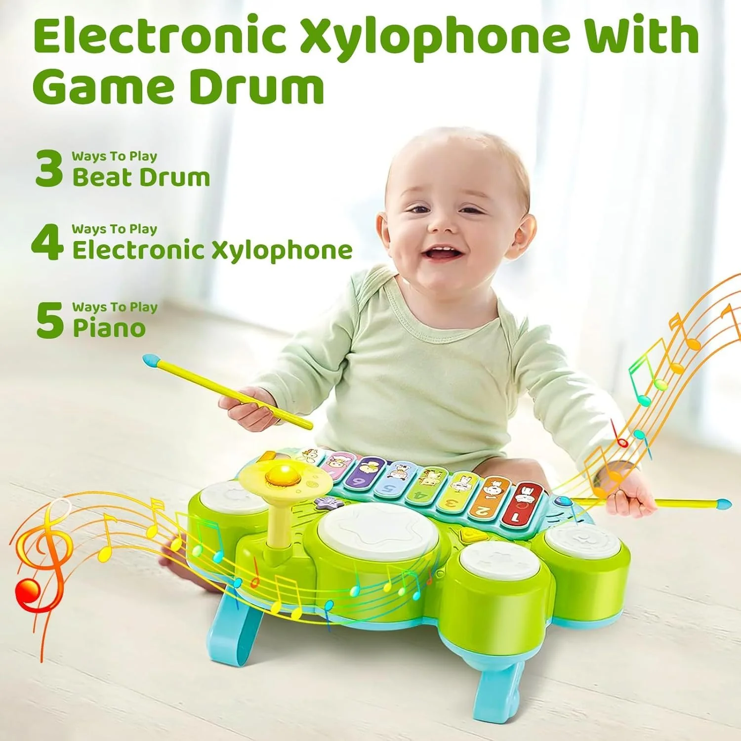 Anxuefa 3-in-1 Musical Toy Piano Keyboard Xylophone Drum Set Green and DEMO - Image 2