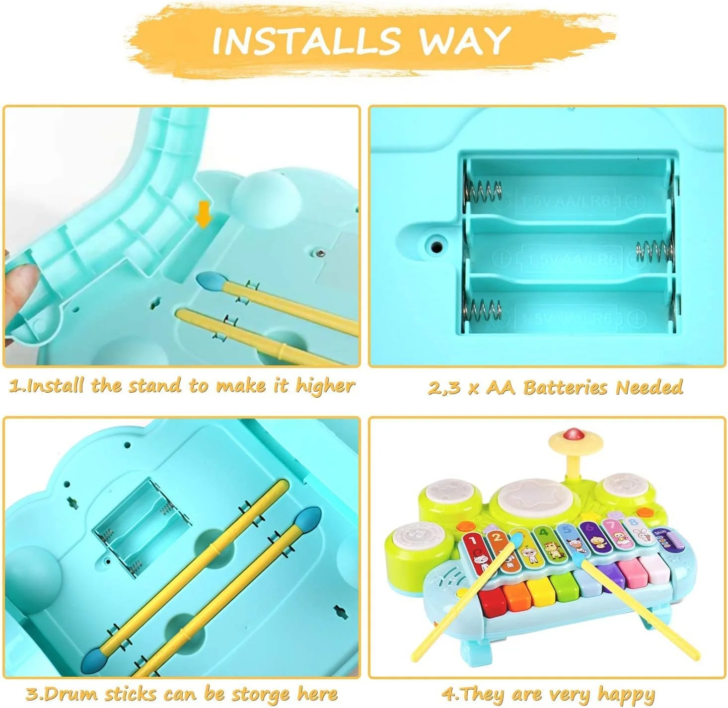 Anxuefa 3-in-1 Musical Toy Piano Keyboard Xylophone Drum Set Green and DEMO - Image 5
