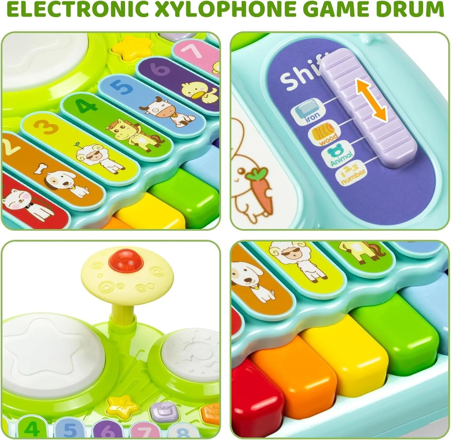 Anxuefa 3-in-1 Musical Toy Piano Keyboard Xylophone Drum Set Green and DEMO - Image 7