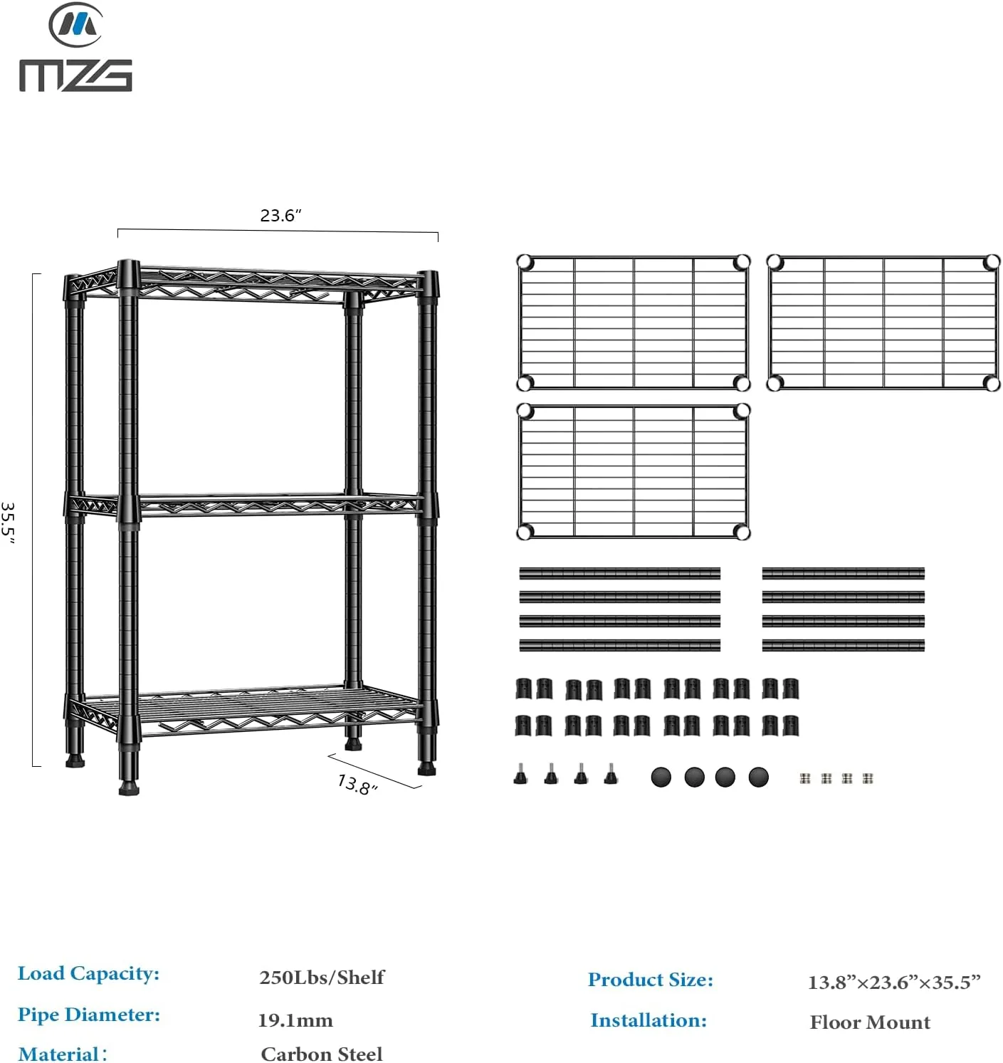 MZG 3-Tier Metal Storage Shelves Rack Heavy Duty 13.8" D x 23.6" W 35.5" H DEMO - Image 3