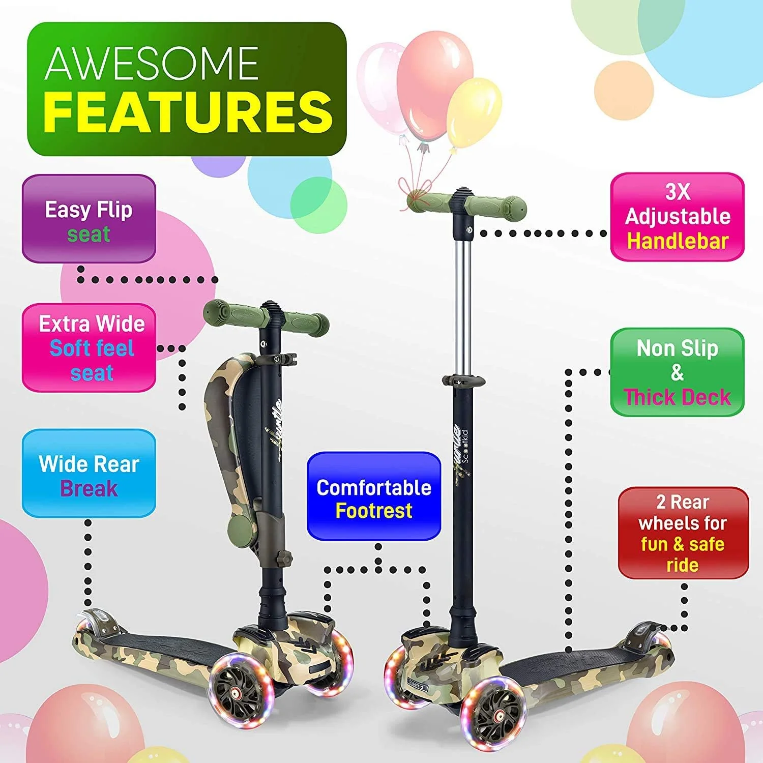 Hurtle 3-Wheeled Kick Scooter for Kids with LED Wheels Adjustable NEW - Image 2