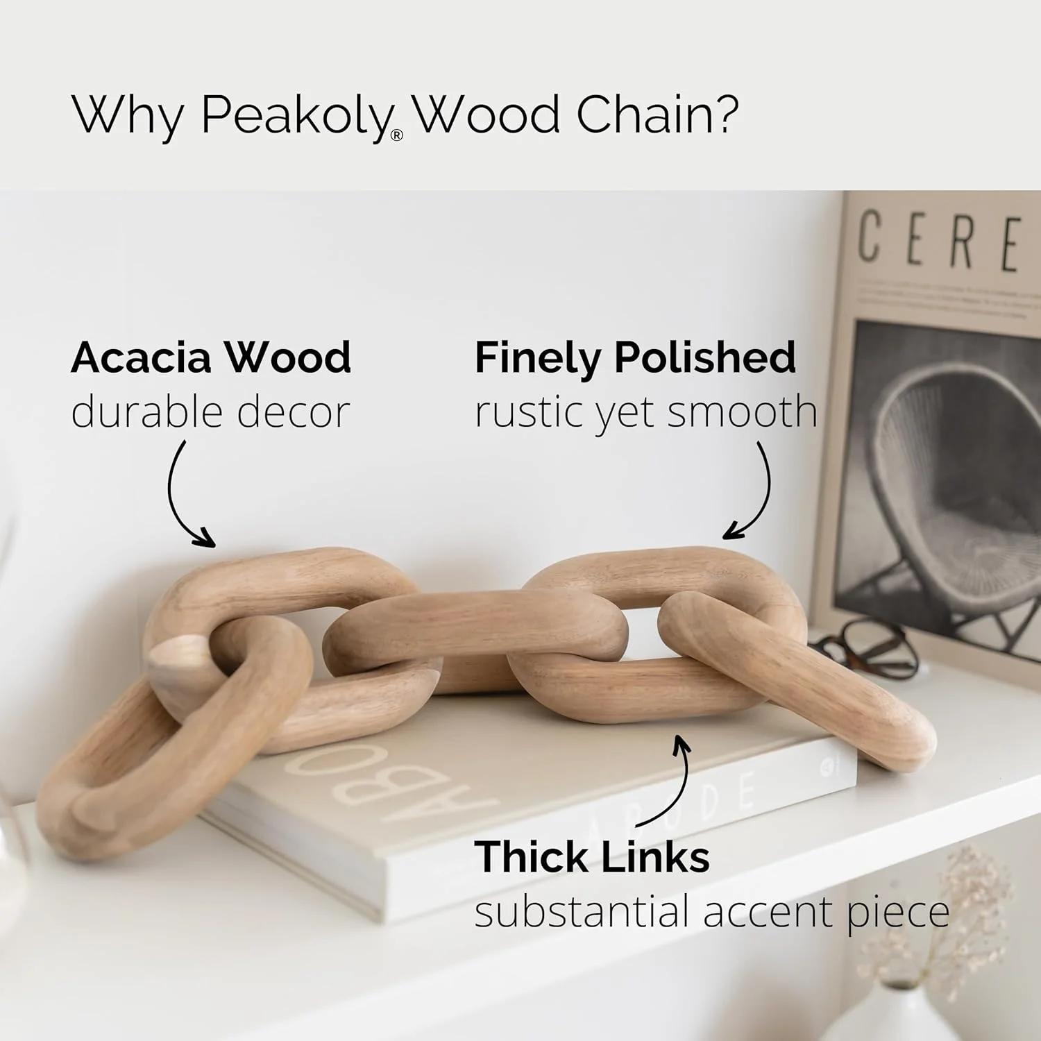 PEAKOLY 5-Link Acacia Wood Chain Link Coffee Table Decor Accessories Brown NEW - Image 3