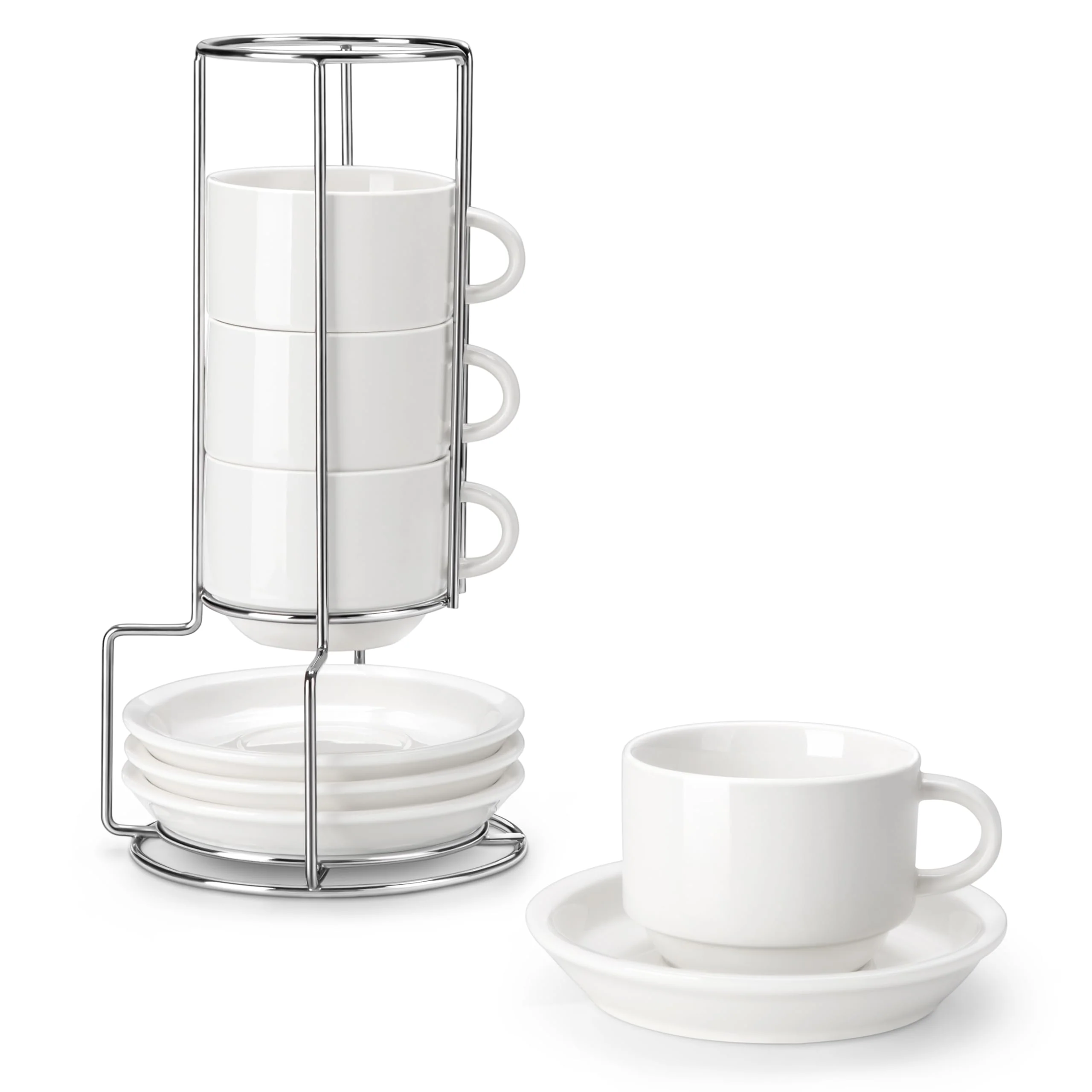 MALACASA 8oz Porcelain Espresso Cups with Saucers and Metal Stand Set of 4 DEMO