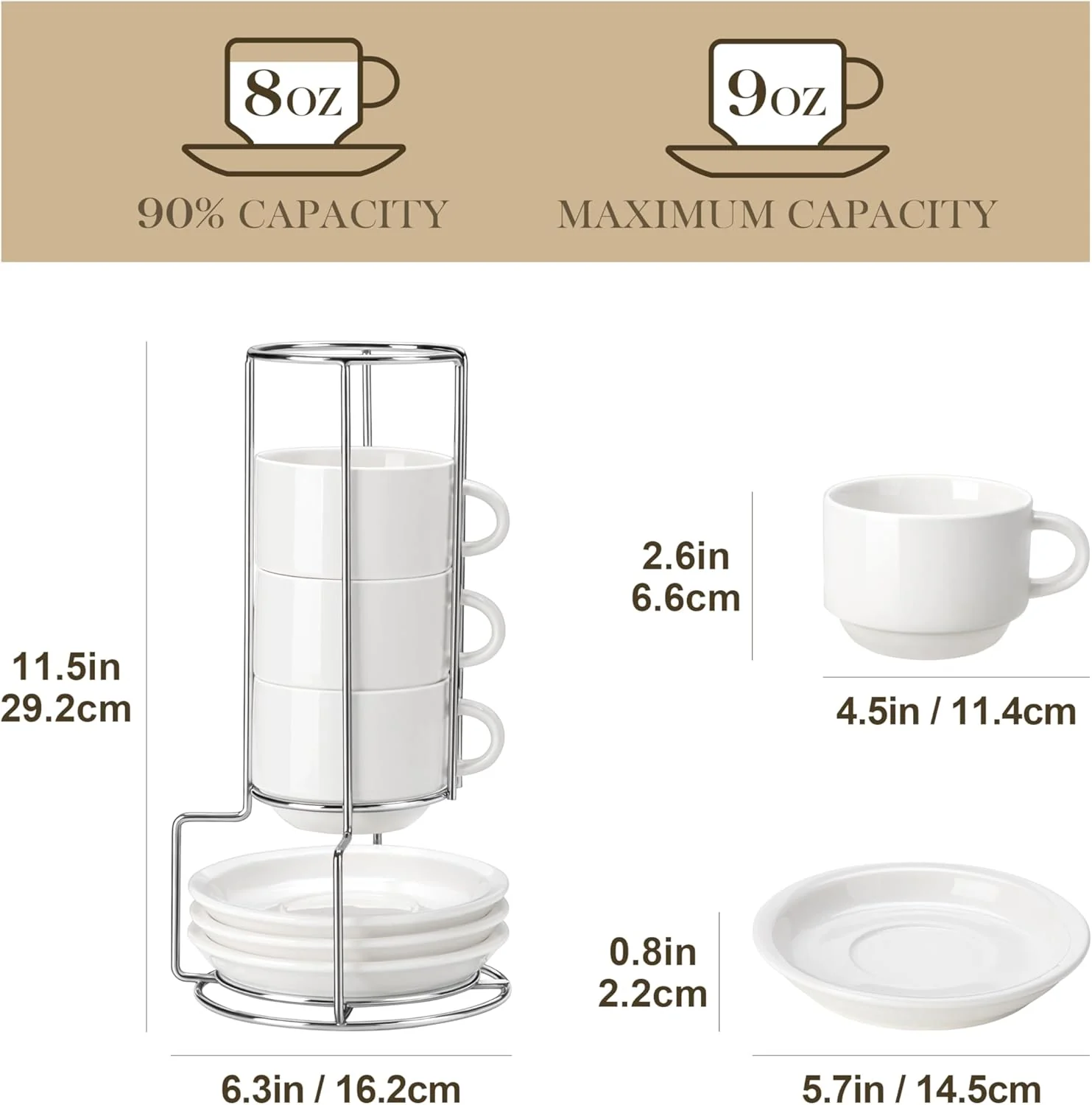 MALACASA 8oz Porcelain Espresso Cups with Saucers and Metal Stand Set of 4 DEMO - Image 2