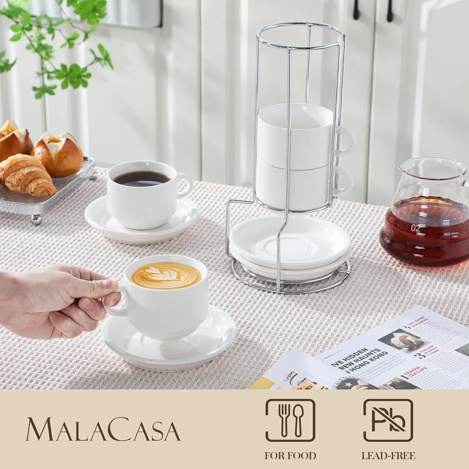 MALACASA 8oz Porcelain Espresso Cups with Saucers and Metal Stand Set of 4 DEMO - Image 3
