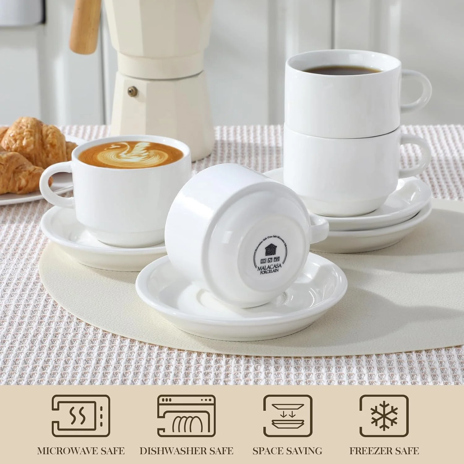 MALACASA 8oz Porcelain Espresso Cups with Saucers and Metal Stand Set of 4 DEMO - Image 4