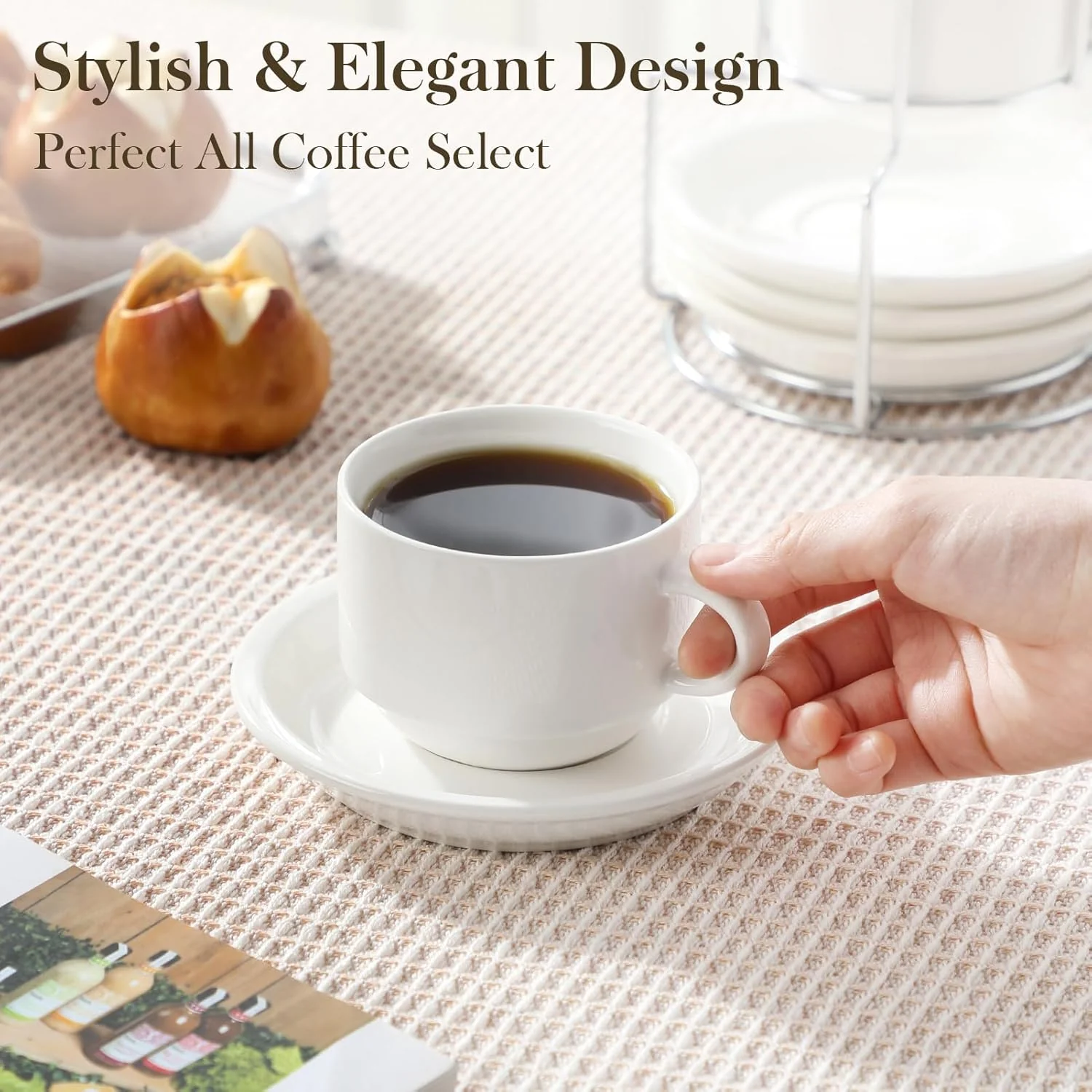 MALACASA 8oz Porcelain Espresso Cups with Saucers and Metal Stand Set of 4 DEMO - Image 5