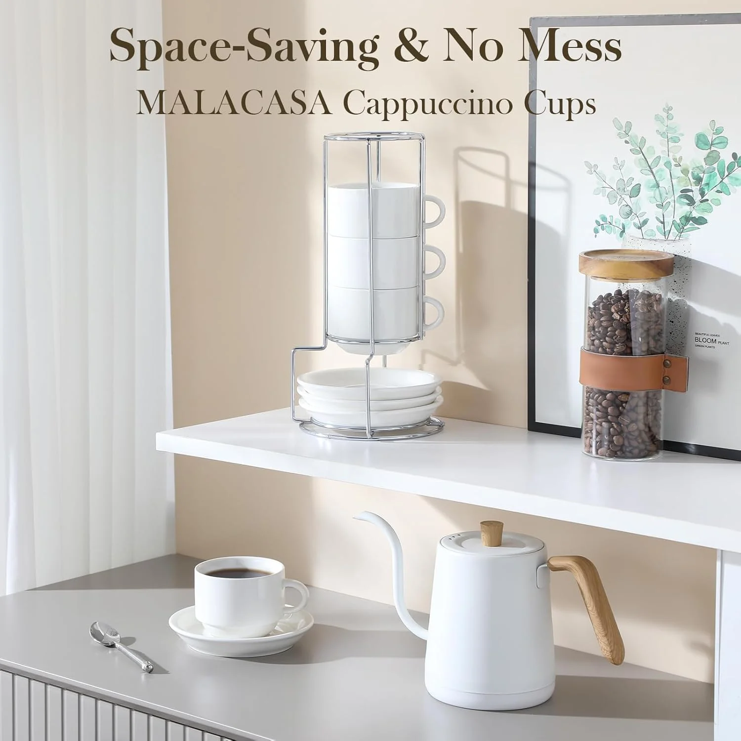MALACASA 8oz Porcelain Espresso Cups with Saucers and Metal Stand Set of 4 DEMO - Image 6