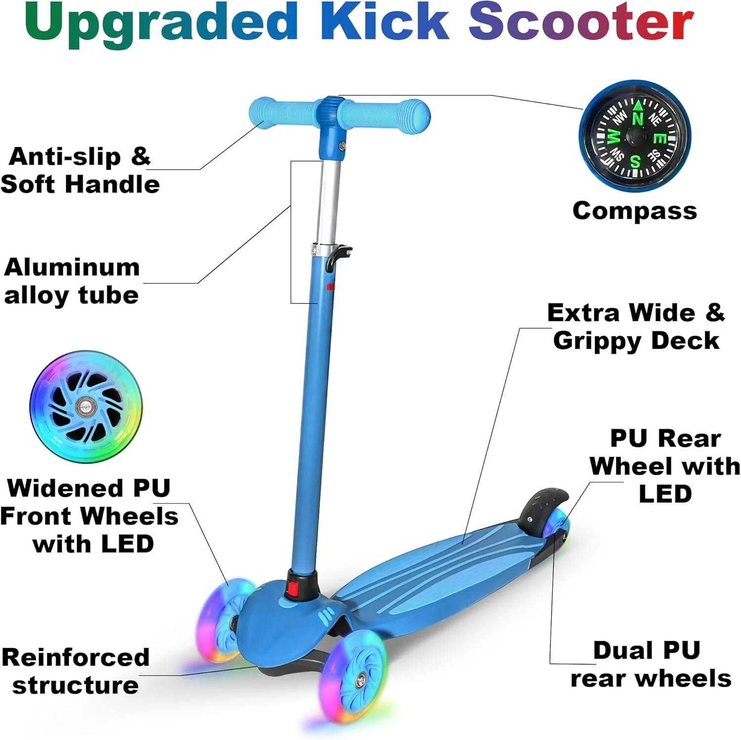 YULUOO 3 Scooters Wheel Light Up Scooter for Kids with LED Wheels, Blue DEMO - Image 4