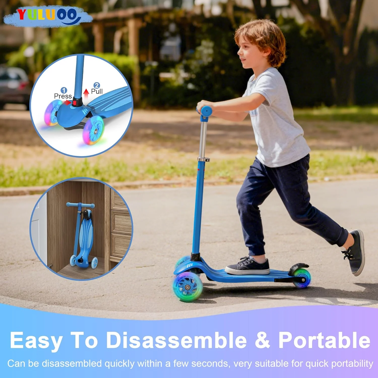 YULUOO 3 Scooters Wheel Light Up Scooter for Kids with LED Wheels, Blue DEMO - Image 6