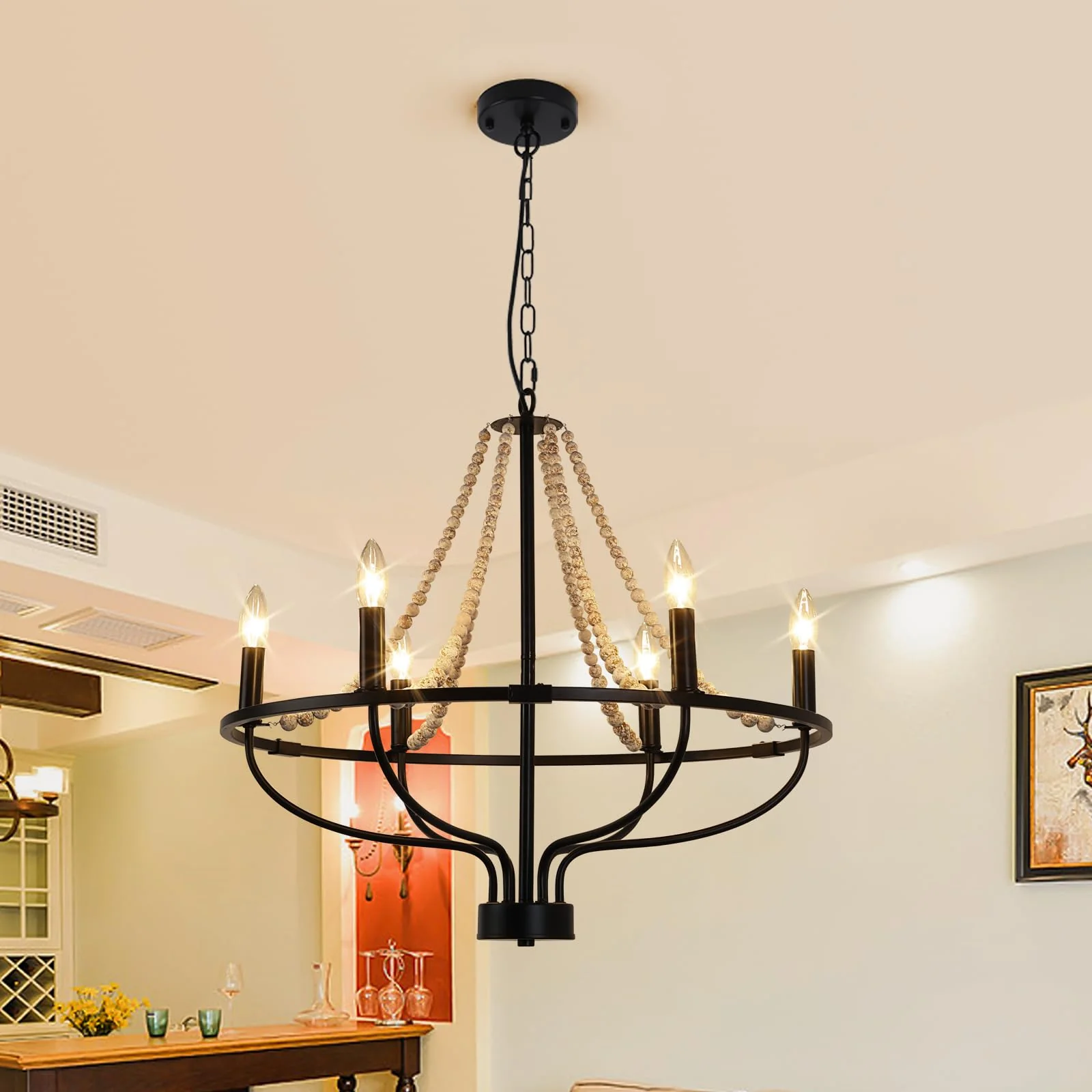 Jaycomey 6-Light Chandeliers Farmhouse Chandelier Black Wood Pendant Light DEMO