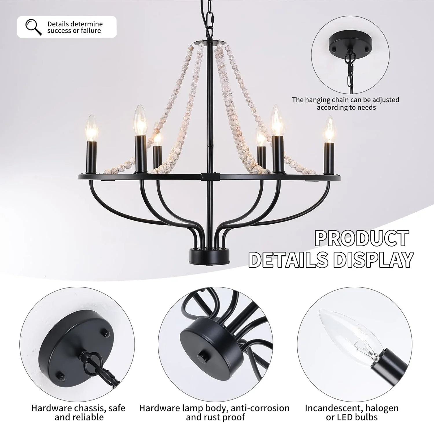 Jaycomey 6-Light Chandeliers Farmhouse Chandelier Black Wood Pendant Light DEMO - Image 3