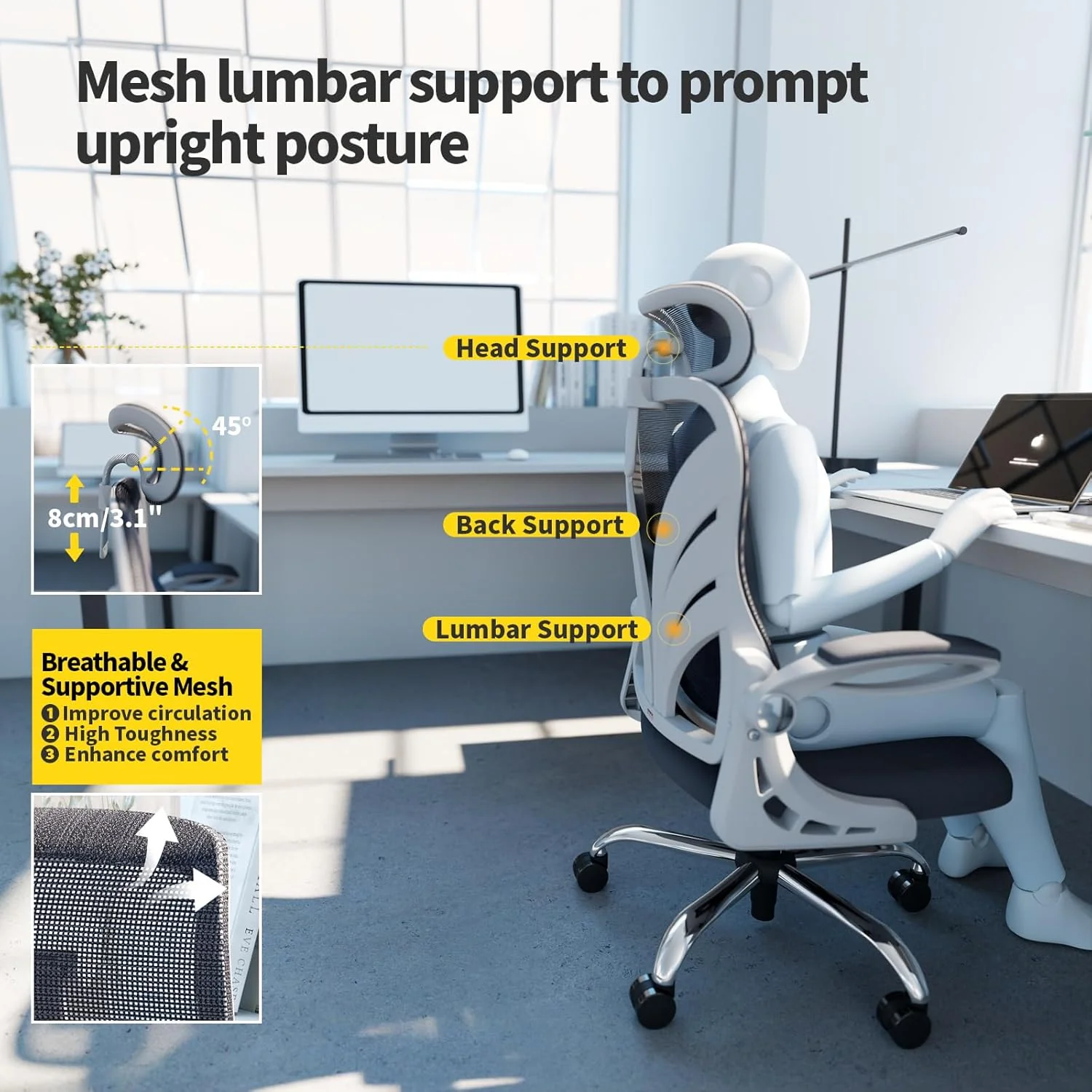 HOLLUDLE Ergonomic Desk Chair with Foldable Backrest White Size Breedte: DEMO - Image 5